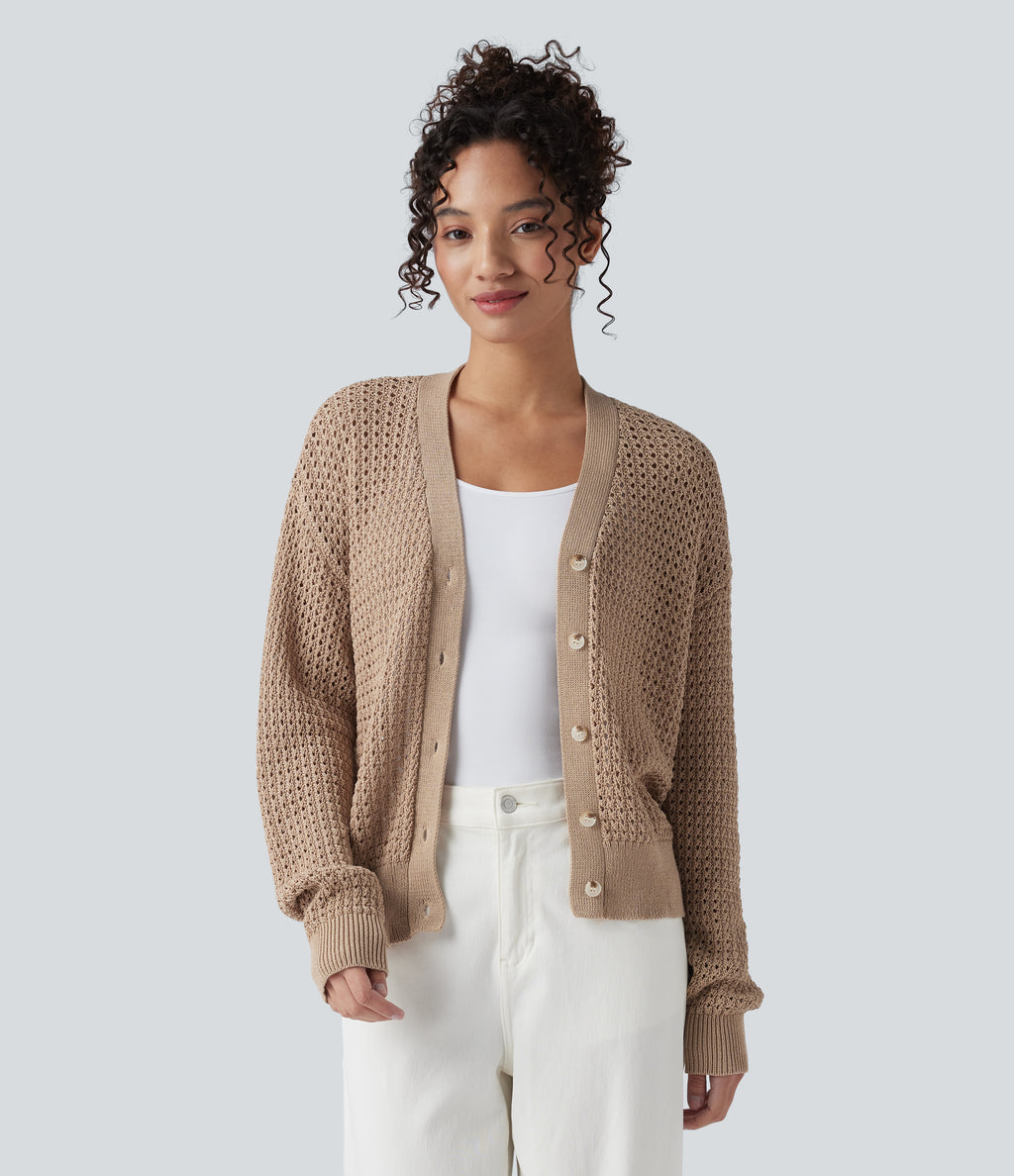 V Neck Long Sleeve Jumper Knit Casual Cardigan — Irish Cream — view 1