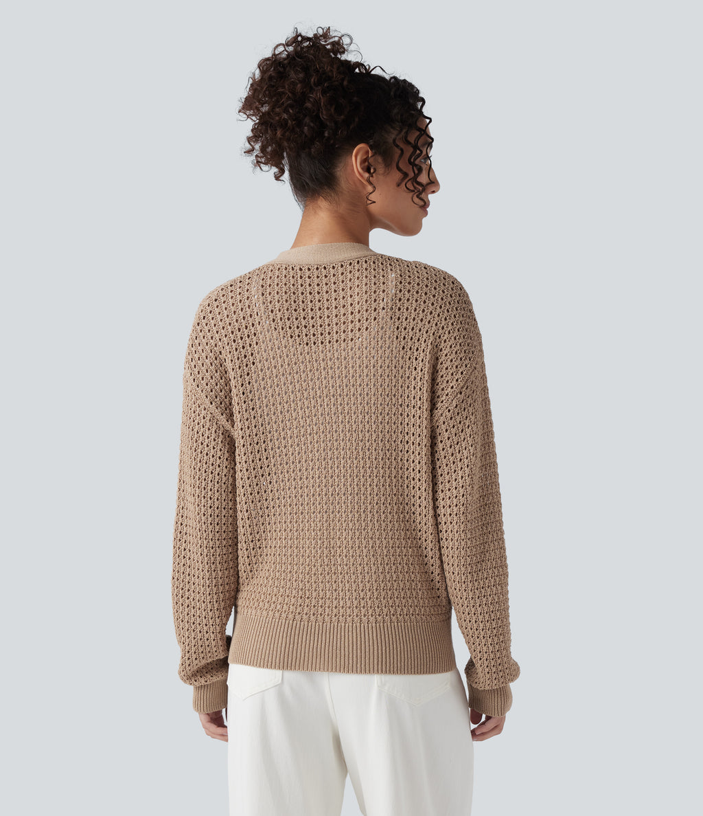 V Neck Long Sleeve Jumper Knit Casual Cardigan — Irish Cream — view 2