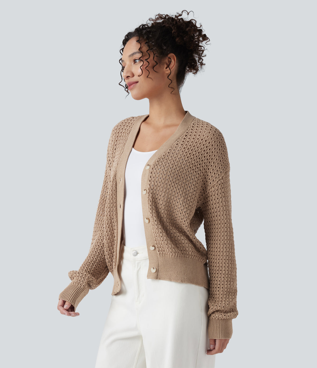 V Neck Long Sleeve Jumper Knit Casual Cardigan — Irish Cream — view 3