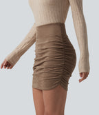 High Waisted Tummy Control Ruched Curved Hem Bodycon 2-in-1 Suede Mini Skirt — Coca Mocha — view 4