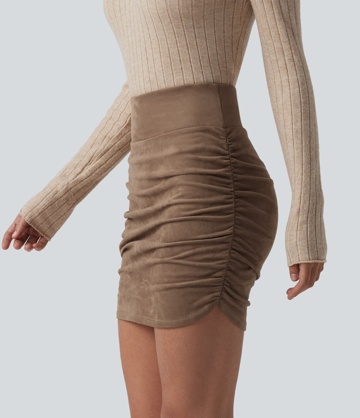 High Waisted Tummy Control Ruched Curved Hem Bodycon 2-in-1 Suede Mini Skirt — Coca Mocha — view 4