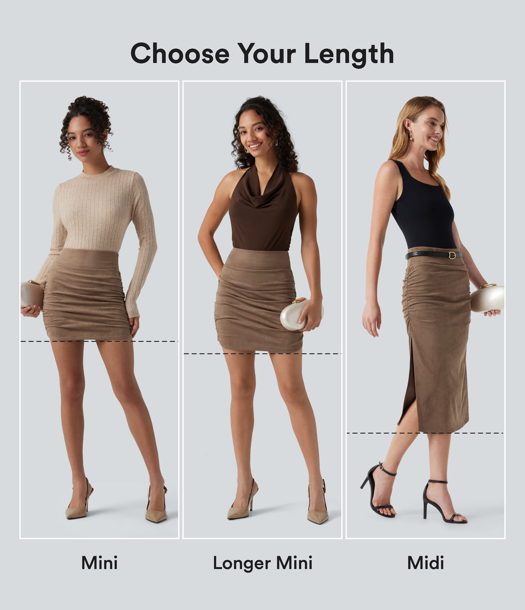 High Waisted Tummy Control Ruched Curved Hem Bodycon 2-in-1 Suede Mini Skirt — Coca Mocha — view 2