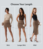 High Waisted Tummy Control Ruched Curved Hem Bodycon 2-in-1 Suede Mini Skirt — Coca Mocha — view 2