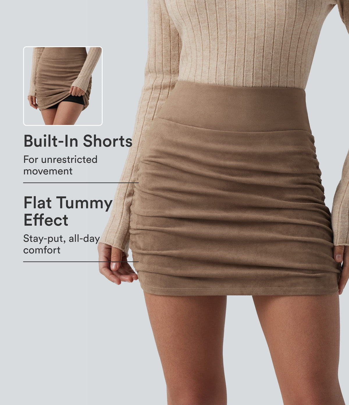 High Waisted Tummy Control Ruched Curved Hem Bodycon 2-in-1 Suede Mini Skirt — Coca Mocha — view 1