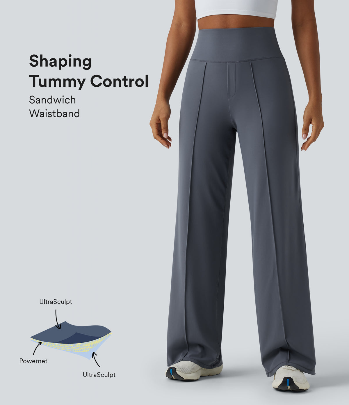 High Waisted Tummy Control Straight Leg Yoga Trousers with Pockets — Silent Blue — view 1