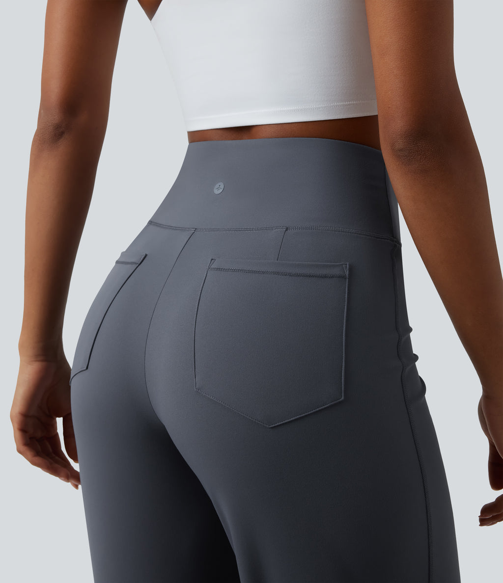 High Waisted Tummy Control Straight Leg Yoga Trousers with Pockets — Silent Blue — view 5