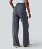 High Waisted Tummy Control Straight Leg Yoga Trousers with Pockets — Silent Blue — view 2