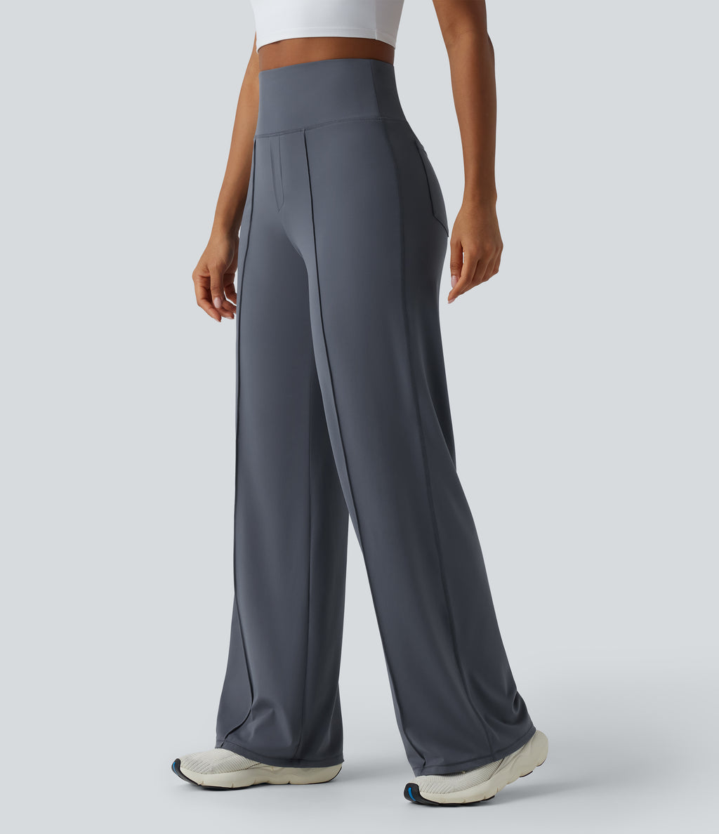 High Waisted Tummy Control Straight Leg Yoga Trousers with Pockets — Silent Blue — view 3