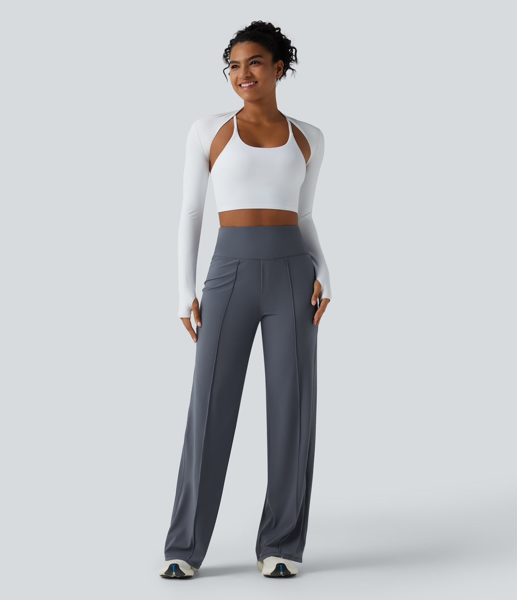 High Waisted Tummy Control Straight Leg Yoga Trousers with Pockets — Silent Blue — view 6