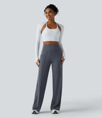 High Waisted Tummy Control Straight Leg Yoga Trousers with Pockets — Silent Blue — view 6