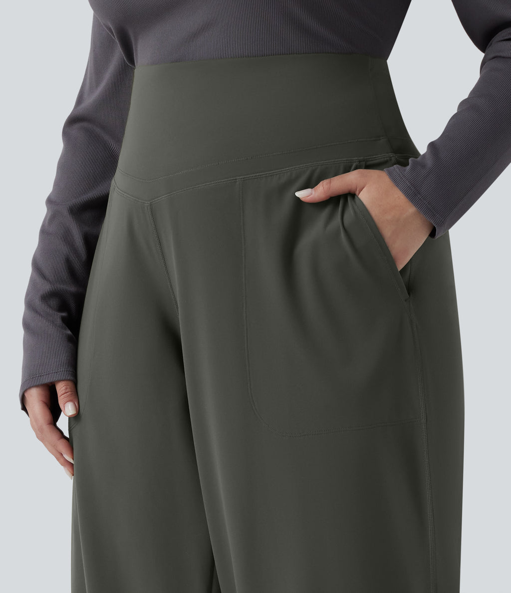 High Waisted Tummy Control Straight Leg Yoga Plus Size Trousers with Pockets — Deep Woodland Green — view 4