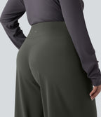 High Waisted Tummy Control Straight Leg Yoga Plus Size Trousers with Pockets — Deep Woodland Green — view 5