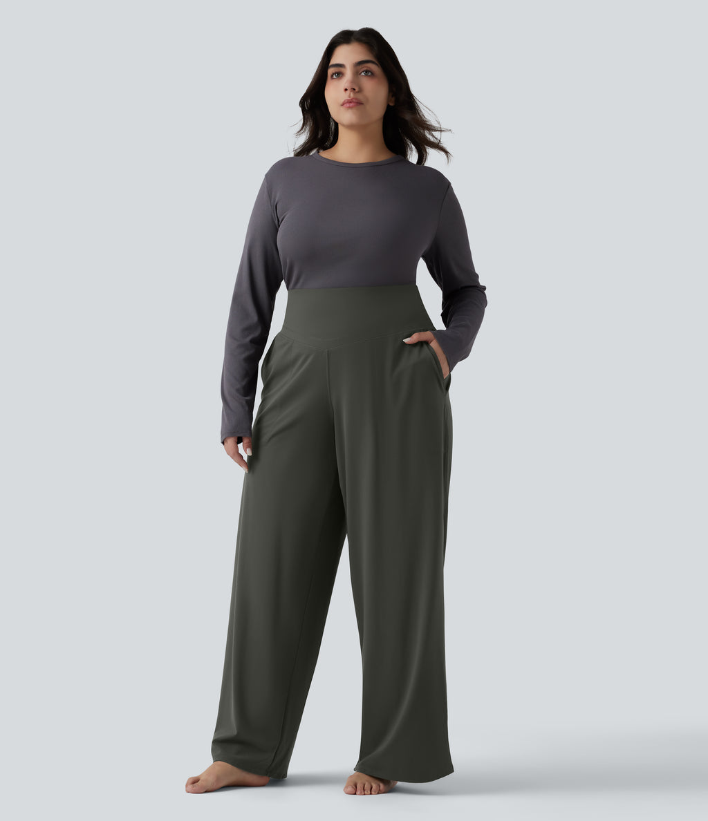 High Waisted Tummy Control Straight Leg Yoga Plus Size Trousers with Pockets — Deep Woodland Green — view 6