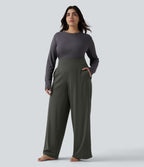 High Waisted Tummy Control Straight Leg Yoga Plus Size Trousers with Pockets — Deep Woodland Green — view 6
