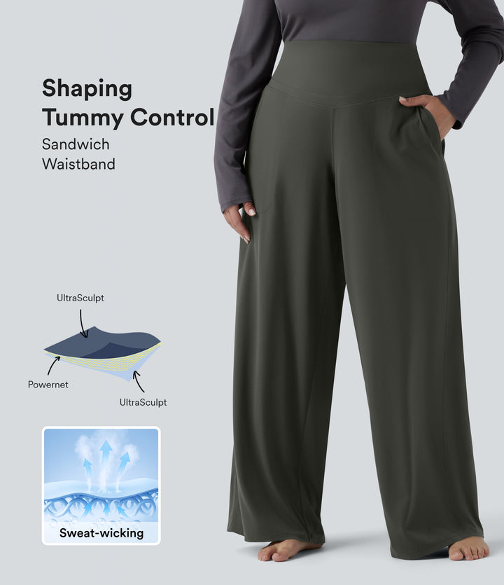 High Waisted Tummy Control Straight Leg Yoga Plus Size Trousers with Pockets — Deep Woodland Green — view 1
