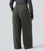 High Waisted Tummy Control Straight Leg Yoga Plus Size Trousers with Pockets — Deep Woodland Green — view 2