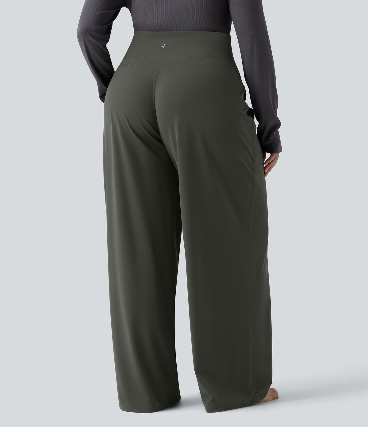 High Waisted Tummy Control Straight Leg Yoga Plus Size Trousers with Pockets — Deep Woodland Green — view 2