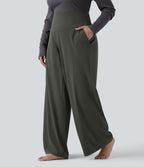 High Waisted Tummy Control Straight Leg Yoga Plus Size Trousers with Pockets — Deep Woodland Green — view 3