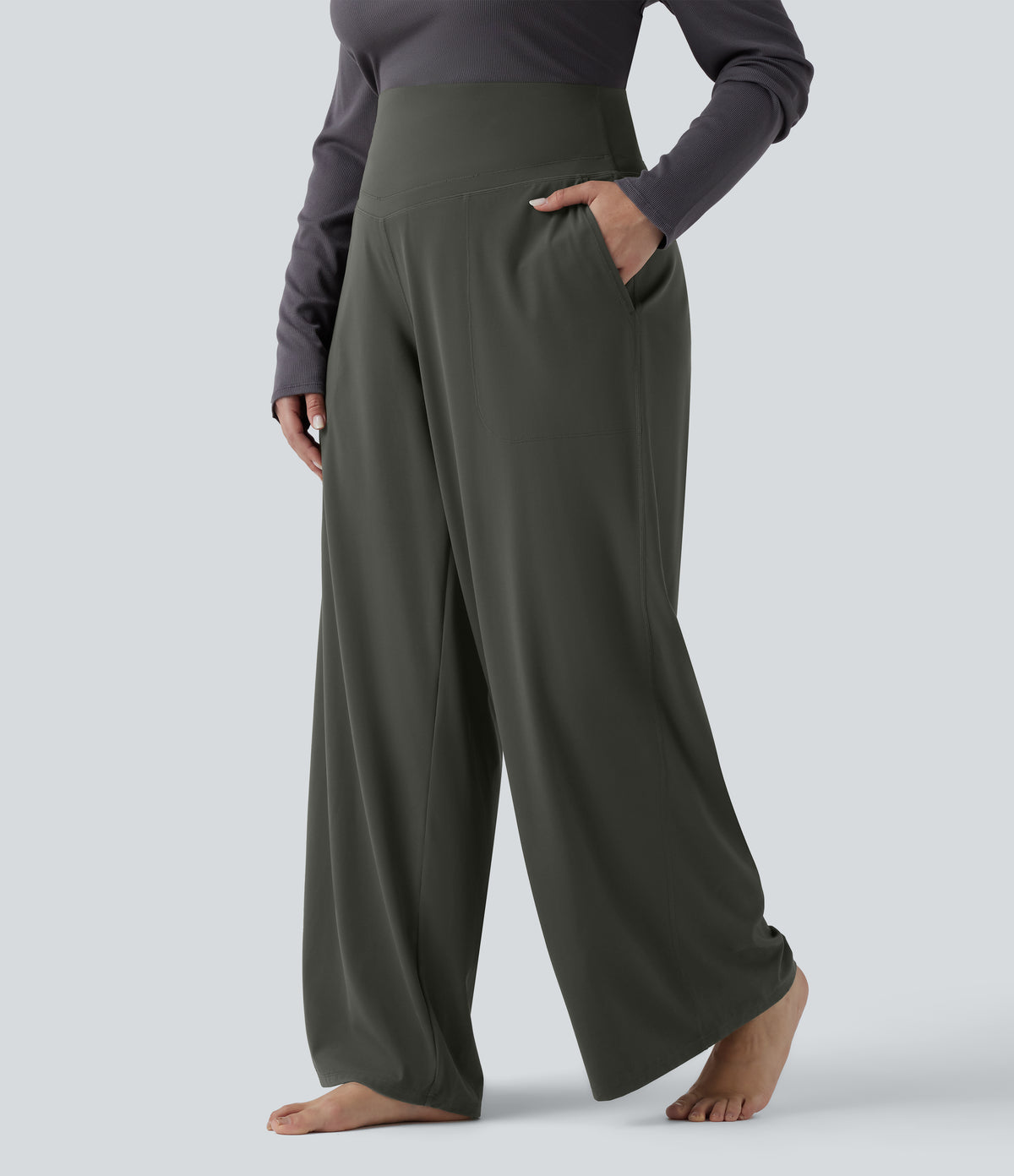High Waisted Tummy Control Straight Leg Yoga Plus Size Trousers with Pockets — Deep Woodland Green — view 3