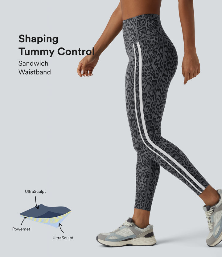 Leopard Print High Waisted Tummy Control Color Block Stripes Training 7/8 Leggings with Pockets — Shadow Leopard — view 1