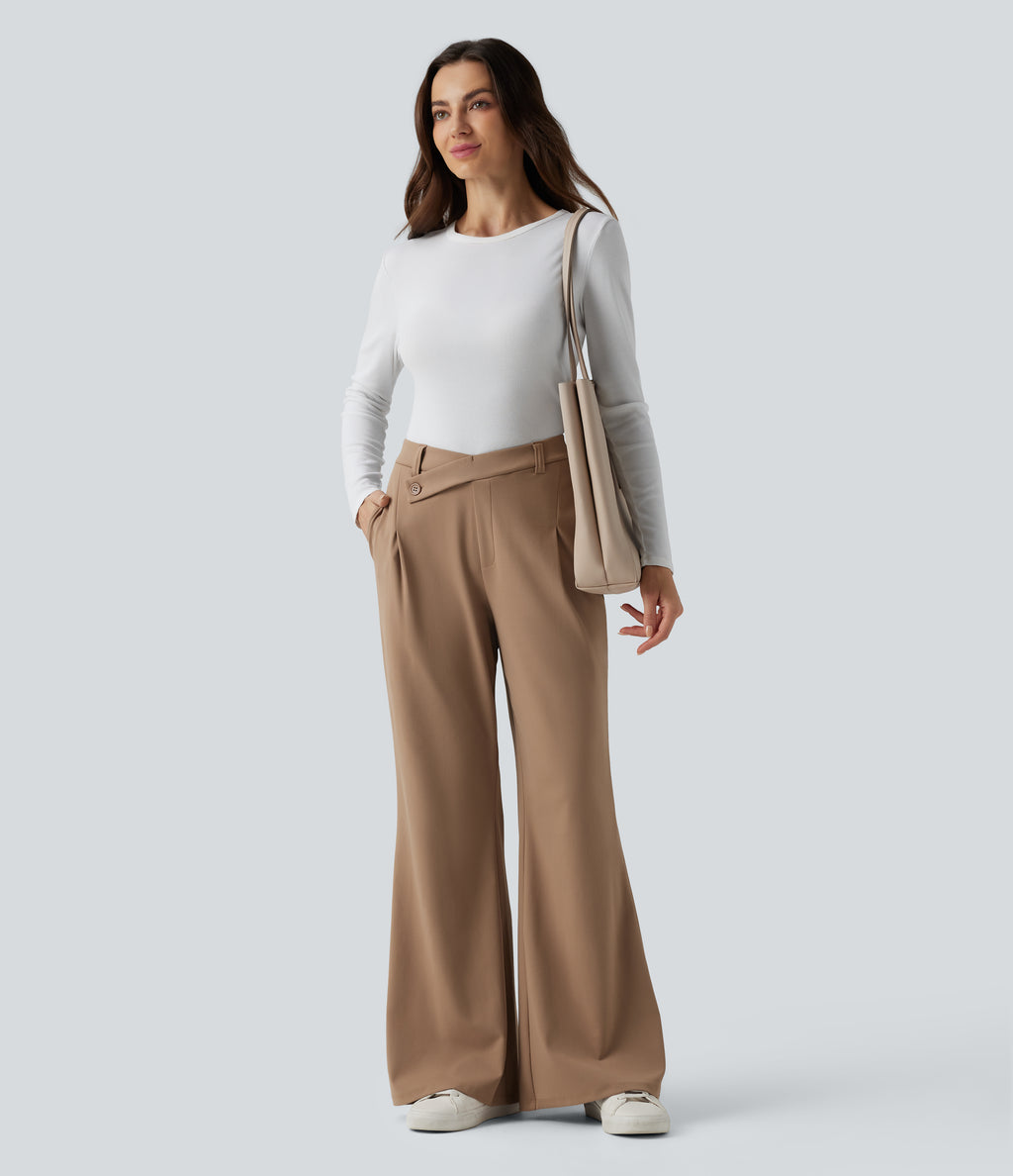 Asymmetric High Waisted Work Flare Trousers with Pockets — Burro — view 6
