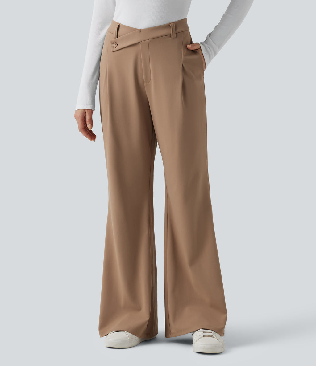 Asymmetric High Waisted Work Flare Trousers with Pockets — Burro — view 1