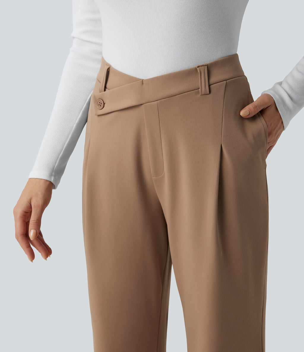 Asymmetric High Waisted Work Flare Trousers with Pockets — Burro — view 4