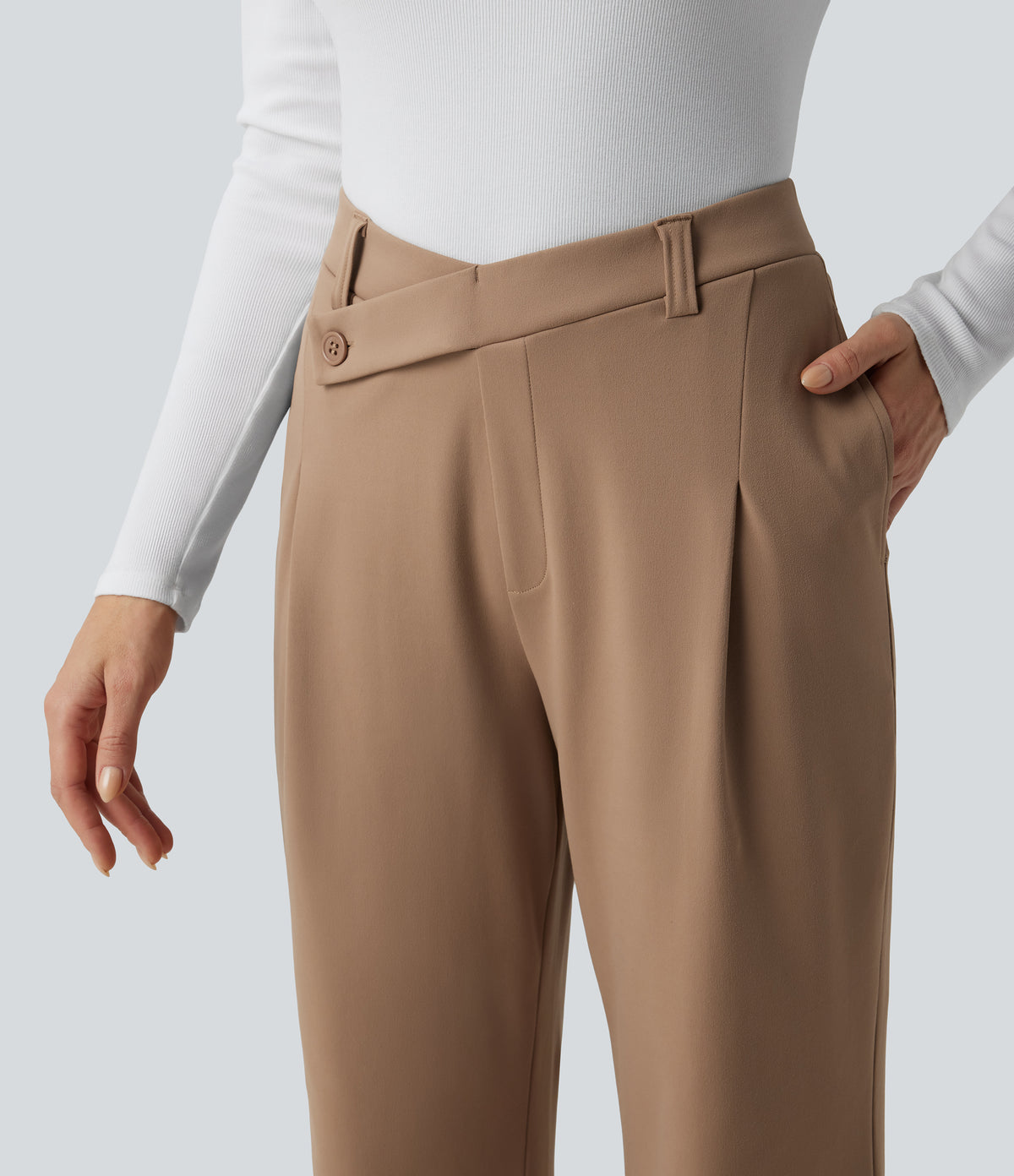 Asymmetric High Waisted Work Flare Trousers with Pockets — Burro — view 4