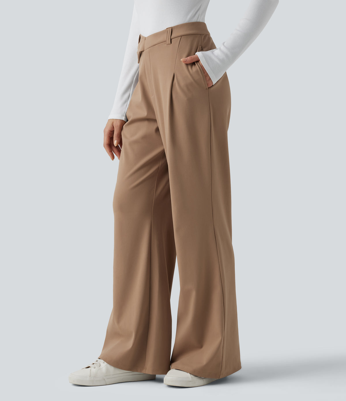 Asymmetric High Waisted Work Flare Trousers with Pockets — Burro — view 3