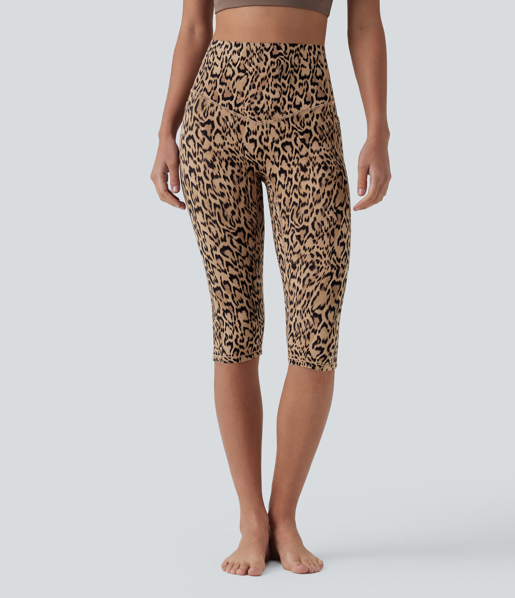 Leopard Print High Waisted Tummy Control Pedal Pusher Yoga Leggings with Pockets — Tan Leopard — view 3