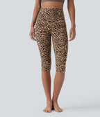 Leopard Print High Waisted Tummy Control Pedal Pusher Yoga Leggings with Pockets — Tan Leopard — view 3
