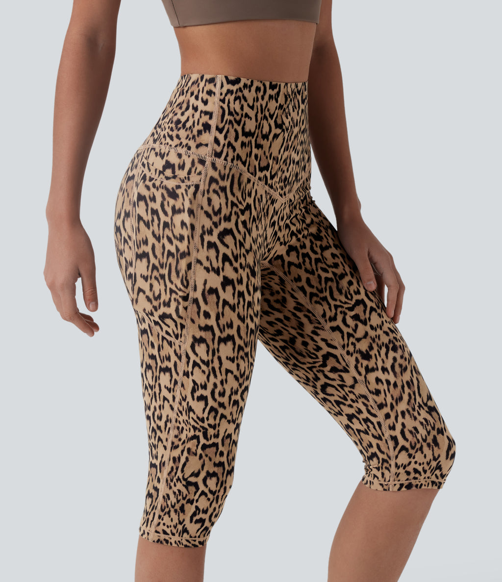 Leopard Print High Waisted Tummy Control Pedal Pusher Yoga Leggings with Pockets — Tan Leopard — view 5