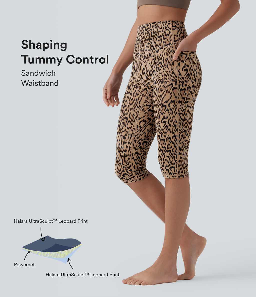Leopard Print High Waisted Tummy Control Pedal Pusher Yoga Leggings with Pockets — Tan Leopard — view 1