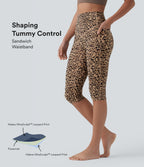 Leopard Print High Waisted Tummy Control Pedal Pusher Yoga Leggings with Pockets — Tan Leopard — view 1