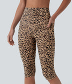 Leopard Print High Waisted Tummy Control Pedal Pusher Yoga Leggings with Pockets — Tan Leopard — view 4