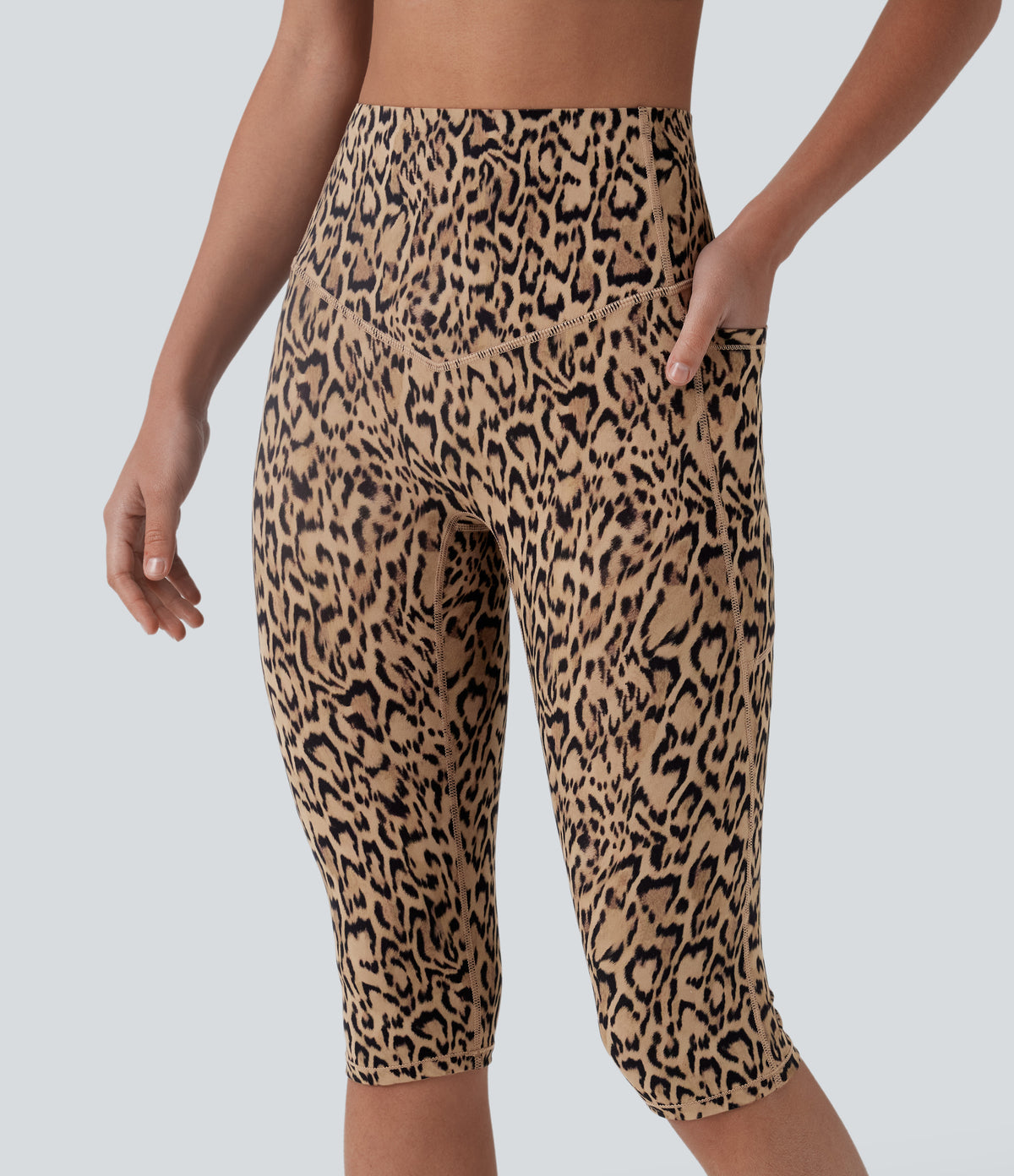 Leopard Print High Waisted Tummy Control Pedal Pusher Yoga Leggings with Pockets — Tan Leopard — view 4