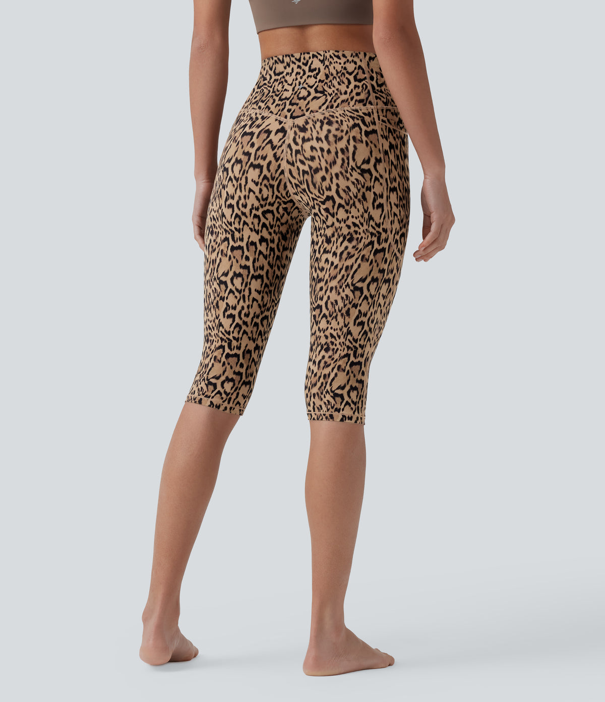 Leopard Print High Waisted Tummy Control Pedal Pusher Yoga Leggings with Pockets — Tan Leopard — view 2