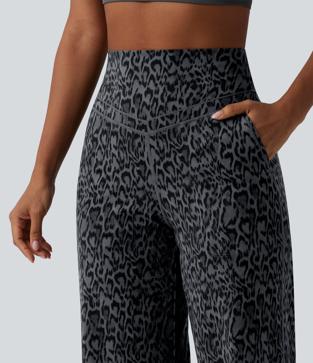 Leopard Print High Waisted Tummy Control Straight Leg Yoga Trousers with Pockets — Shadow Leopard — view 4
