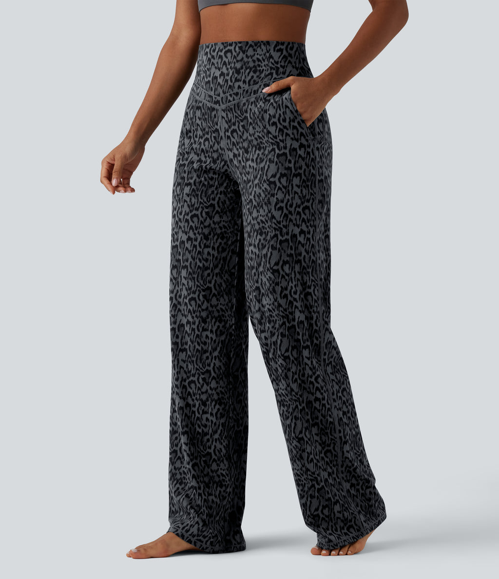 Leopard Print High Waisted Tummy Control Straight Leg Yoga Trousers with Pockets — Shadow Leopard — view 3