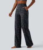 Leopard Print High Waisted Tummy Control Straight Leg Yoga Trousers with Pockets — Shadow Leopard — view 3