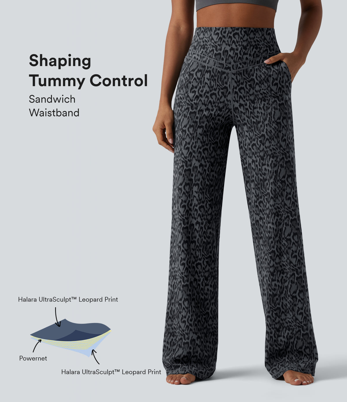 Leopard Print High Waisted Tummy Control Straight Leg Yoga Trousers with Pockets — Shadow Leopard — view 1