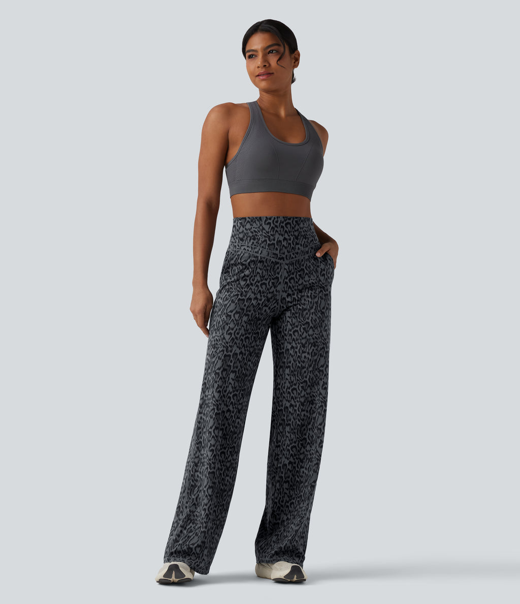 Leopard Print High Waisted Tummy Control Straight Leg Yoga Trousers with Pockets — Shadow Leopard — view 6