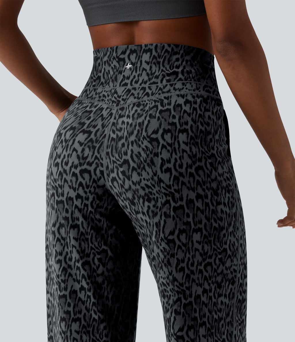Leopard Print High Waisted Tummy Control Straight Leg Yoga Trousers with Pockets — Shadow Leopard — view 5