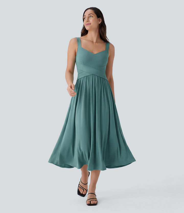 Sleeveless Backless Crossover Flowy Midi Casual Dress with Pockets — Azure — view 1