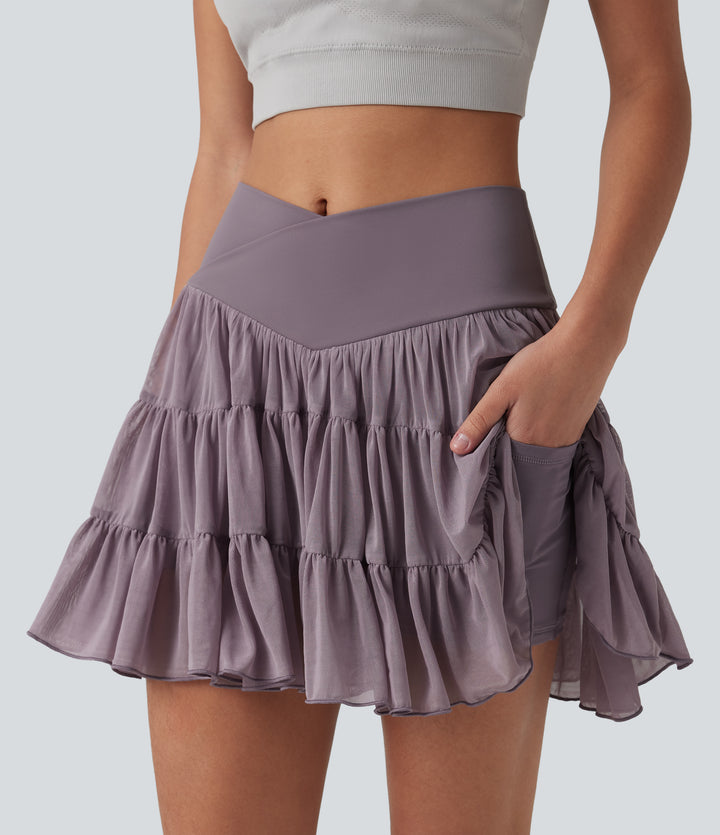 High Waisted Crossover Flowy 2-in-1 Mini Tennis Skirt with Pockets — Lilac Blush — view 1