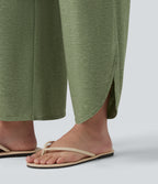 High Waisted Tummy Control Curved Hem Casual Trousers with Pockets — Light Green Floral Yarn — view 5