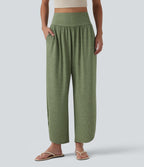 High Waisted Tummy Control Curved Hem Casual Trousers with Pockets — Light Green Floral Yarn — view 3