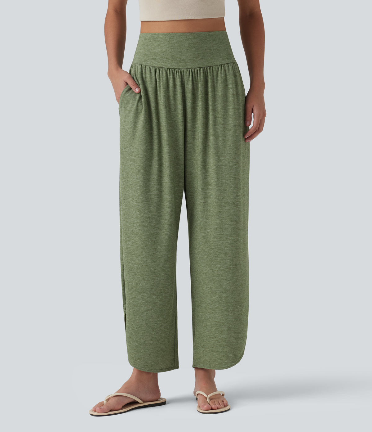 High Waisted Tummy Control Curved Hem Casual Trousers with Pockets — Light Green Floral Yarn — view 3