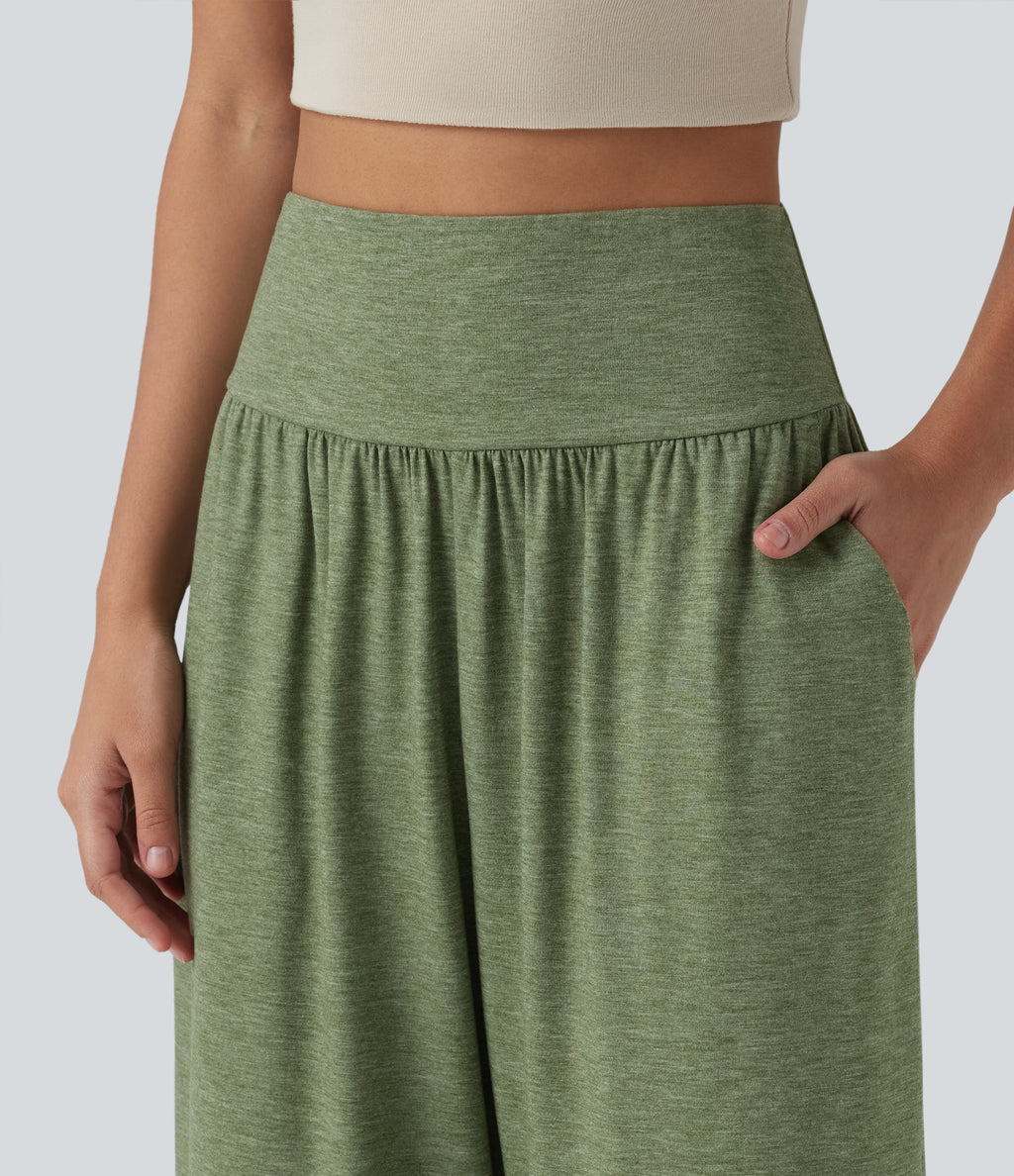 High Waisted Tummy Control Curved Hem Casual Trousers with Pockets — Light Green Floral Yarn — view 4