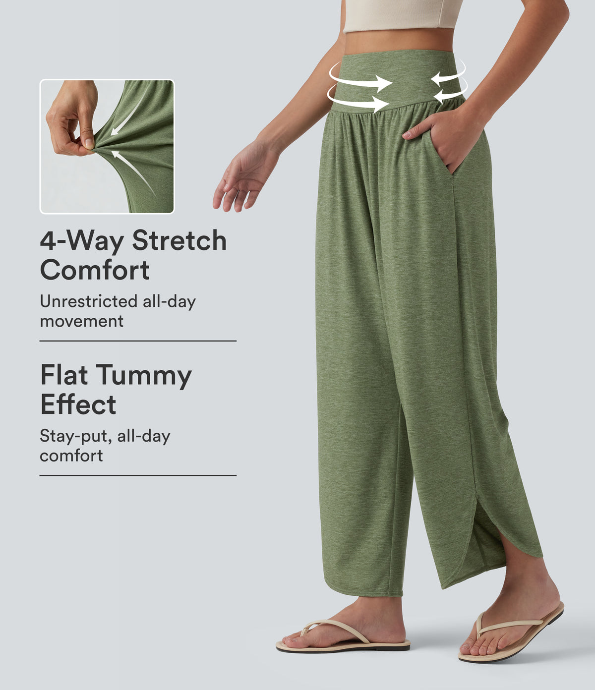 High Waisted Tummy Control Curved Hem Casual Trousers with Pockets — Light Green Floral Yarn — view 1